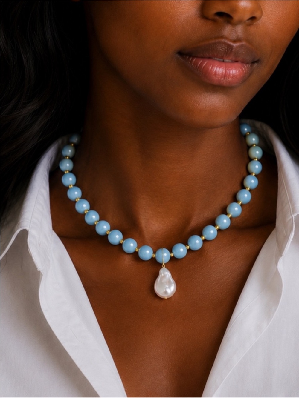 Anthropologie Sky-Blue Beaded Necklace with Pearl Drop